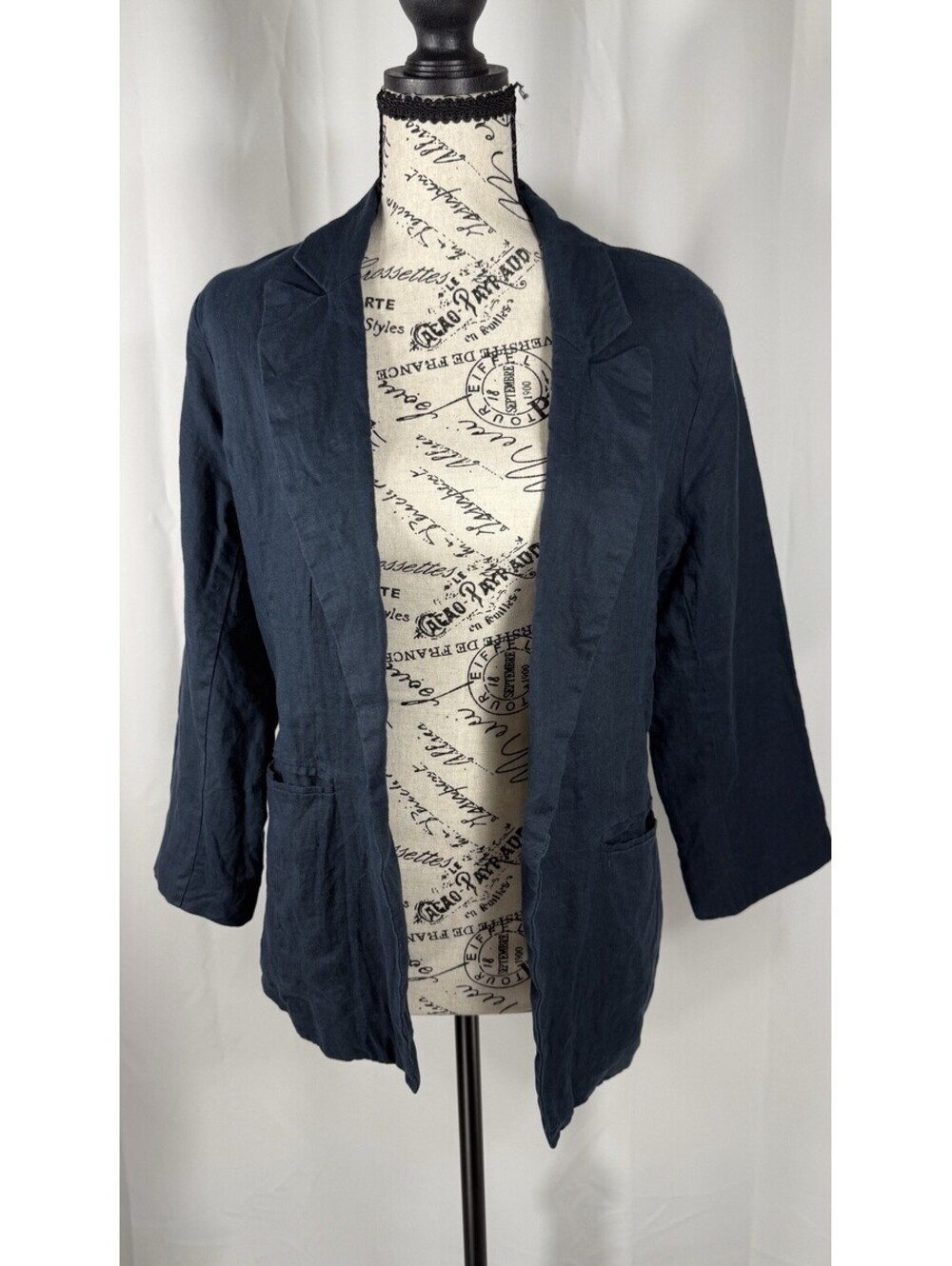 Love Tree Large Navy Linen Blazer Womens Open Front 3 4 Sleeve